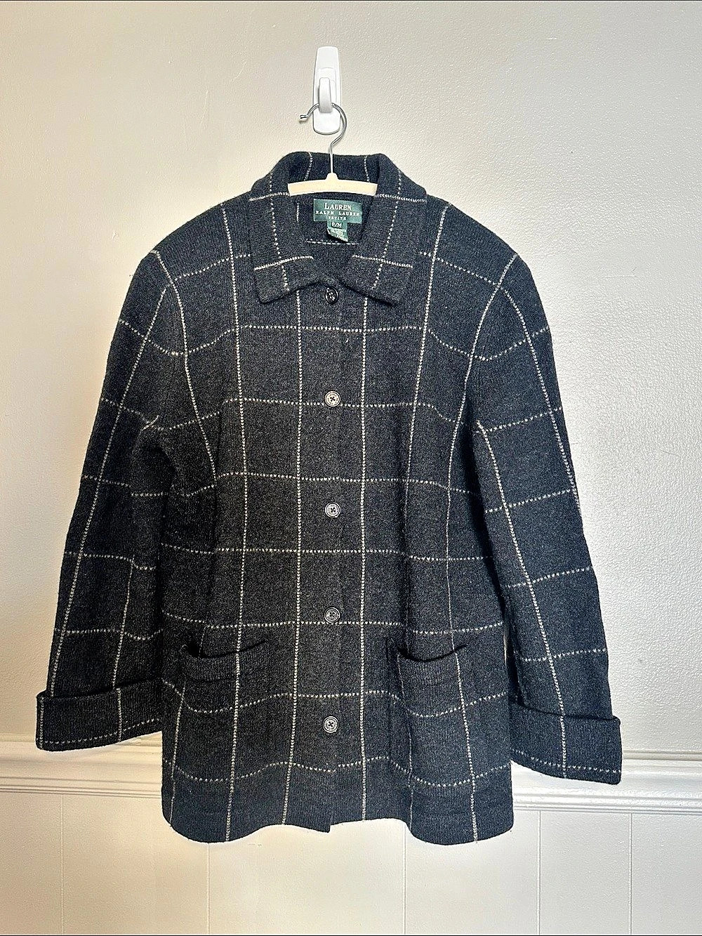 Lauren Ralph Lauren Plaid Wool Blend Cardigan in Black Size P/M